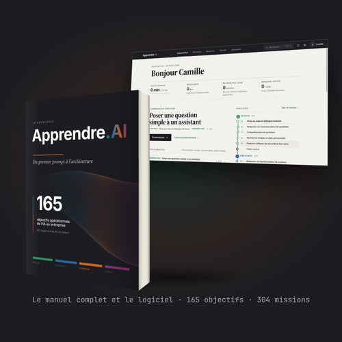 Le manuel complet Apprendre.AI en volume, à côté de l’écran d’accueil du logiciel, sur fond sombre : le manuel complet et le logiciel, 165 objectifs, 304 missions.