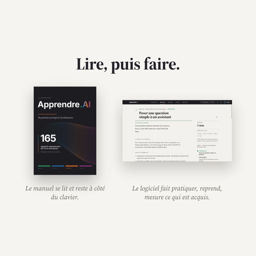 Lire, puis faire : la couverture du manuel complet et l’écran d’une mission du logiciel, côte à côte.