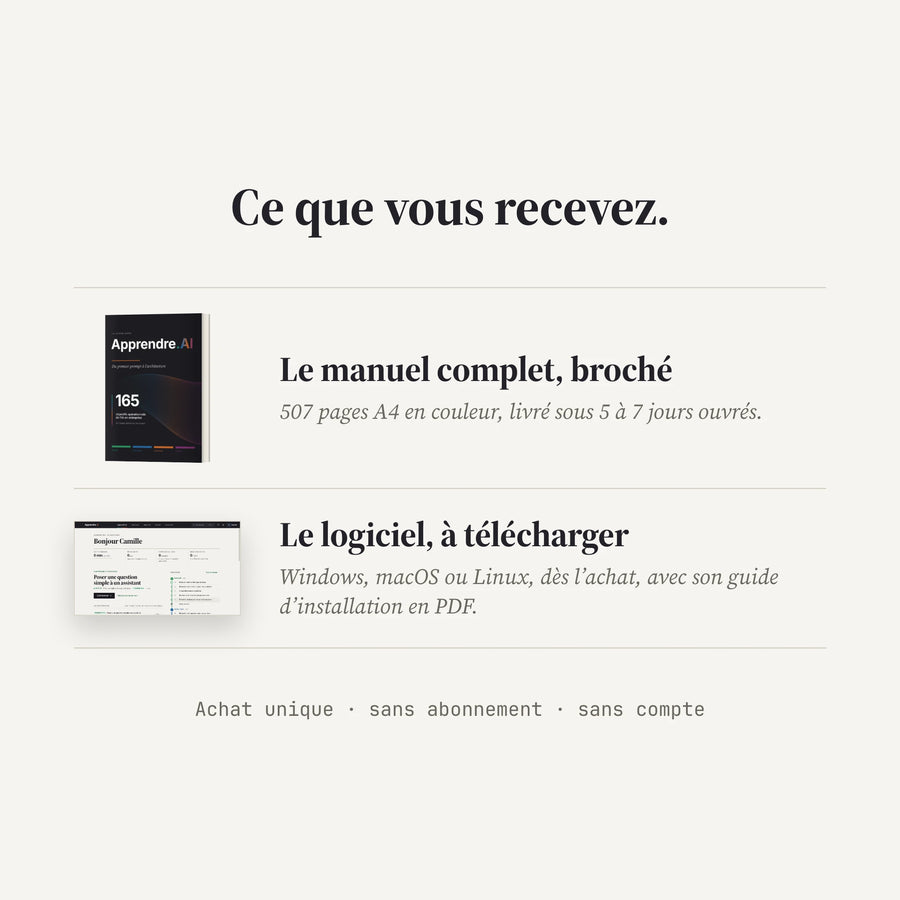 Ce que vous recevez : le manuel complet broché, 507 pages A4 en couleur, livré sous 5 à 7 jours ouvrés ; le logiciel à télécharger, Windows, macOS ou Linux, avec son guide d’installation en PDF.